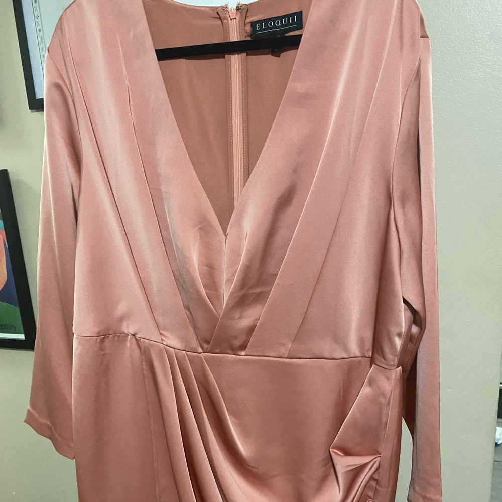 Eloquii peach colored long sleeve silky dress